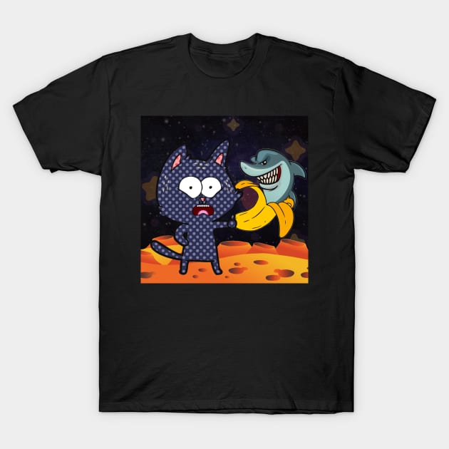 BANANA SHARK AND CAT IN SPACE | Funny Cat Banana Shark Humor T-Shirt by KathyNoNoise